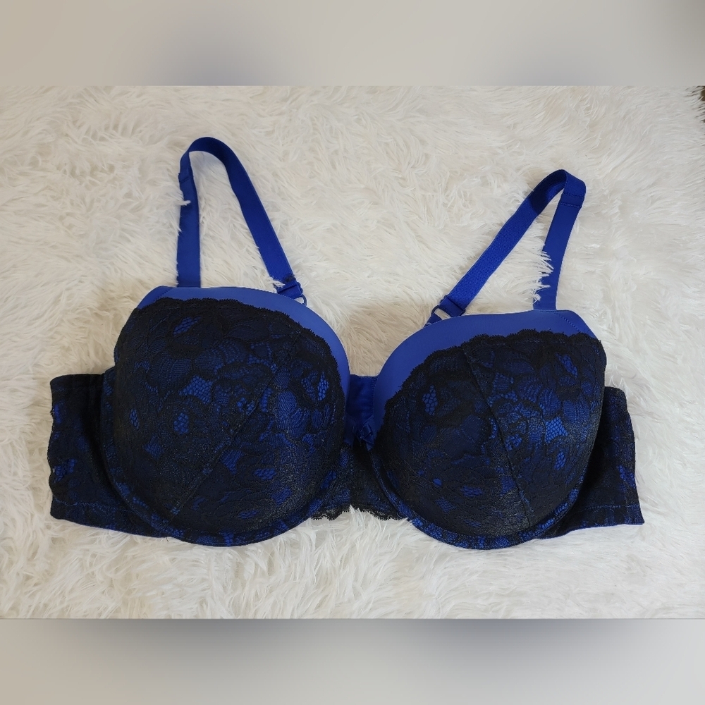 Torrid Royal Push Up Blue and Black Lace Bra Underwire Padded 46D